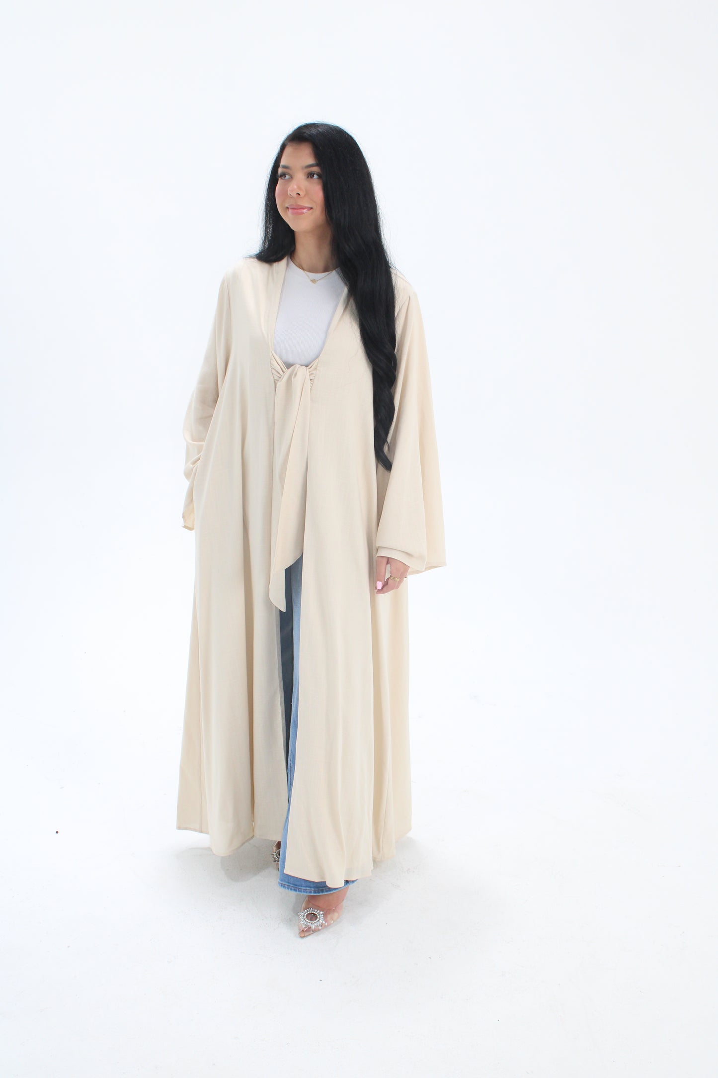 Linen Bow Tie Abaya Set - Light Beige