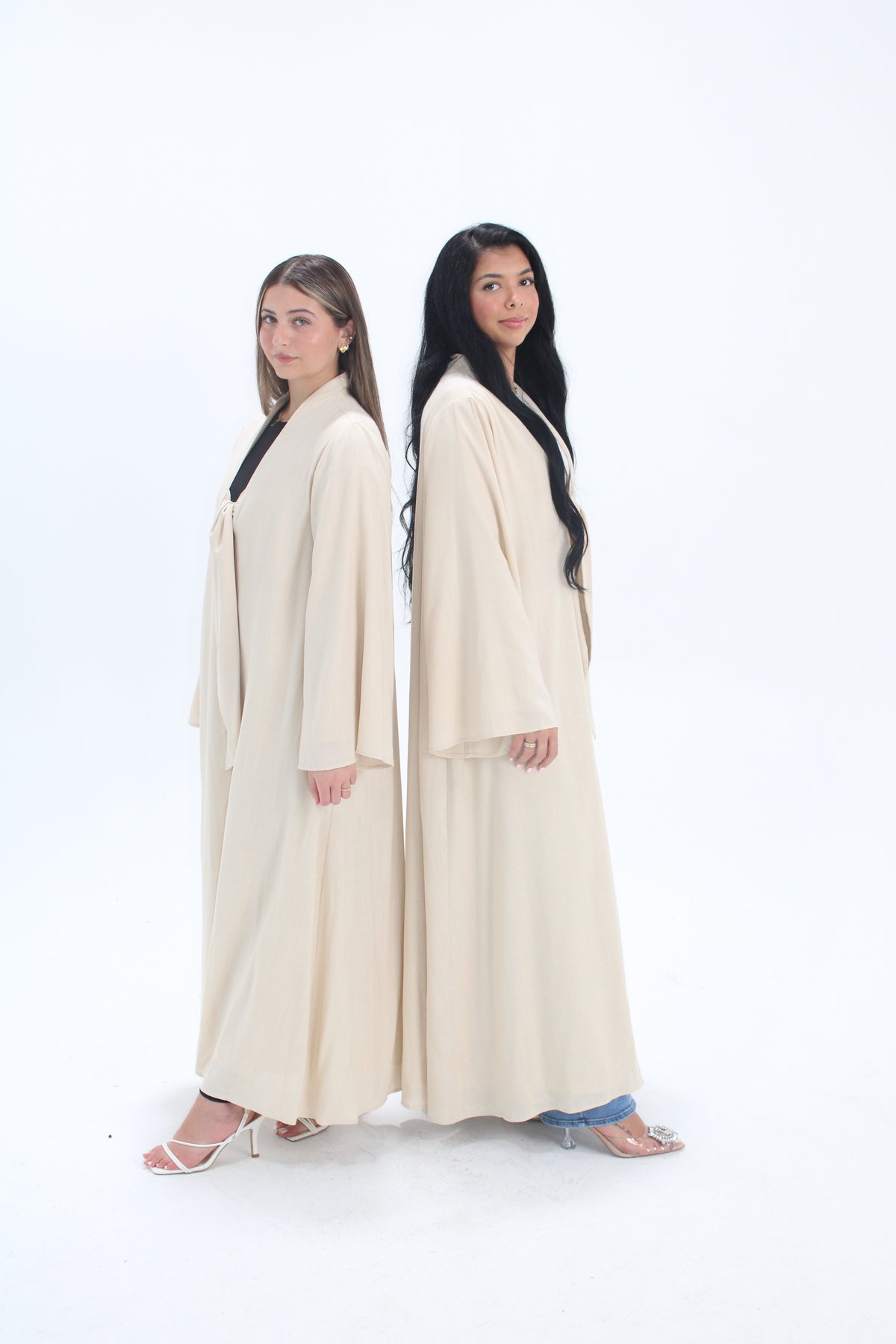 Linen Bow Tie Abaya Set - Light Beige