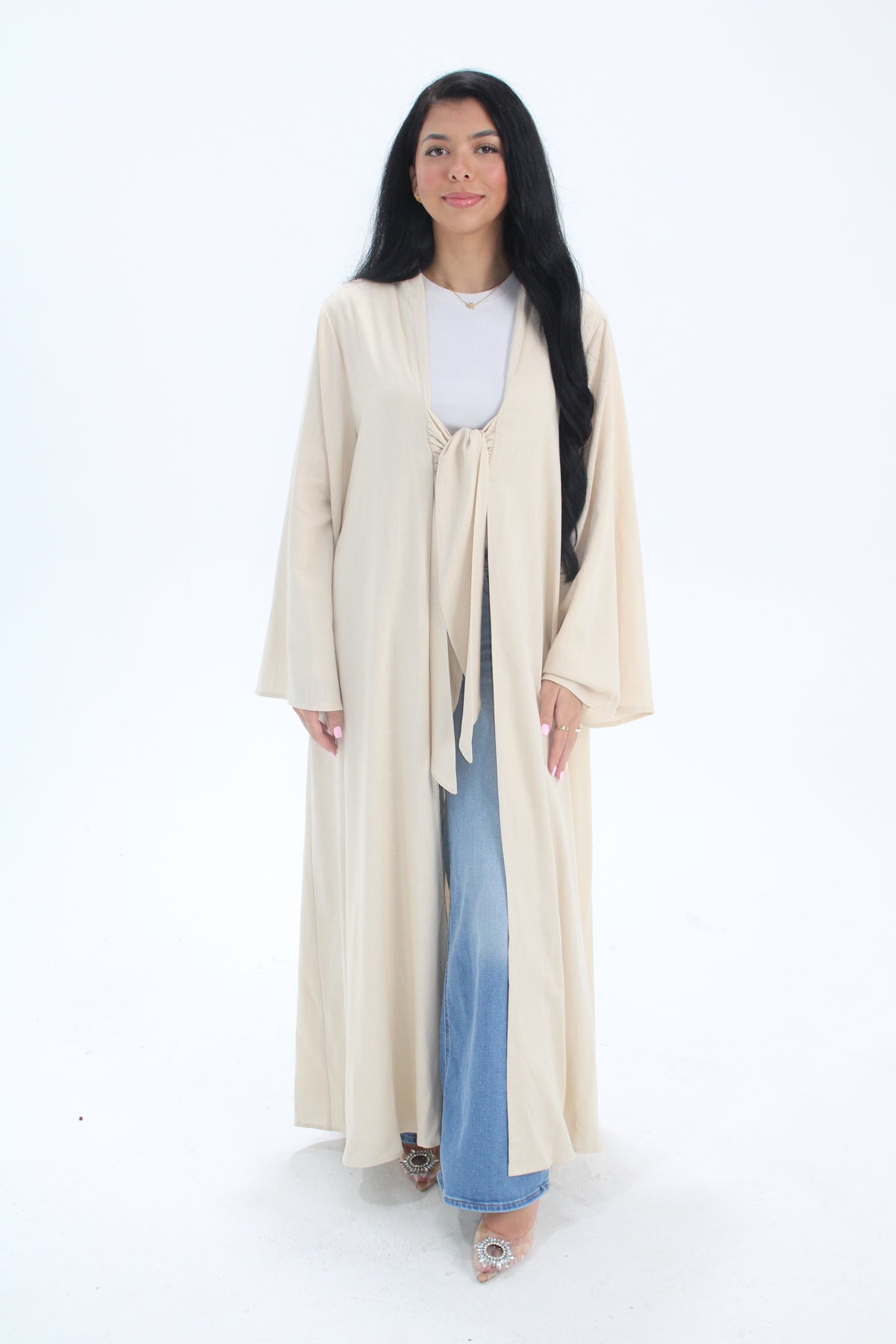 Linen Bow Tie Abaya Set - Light Beige