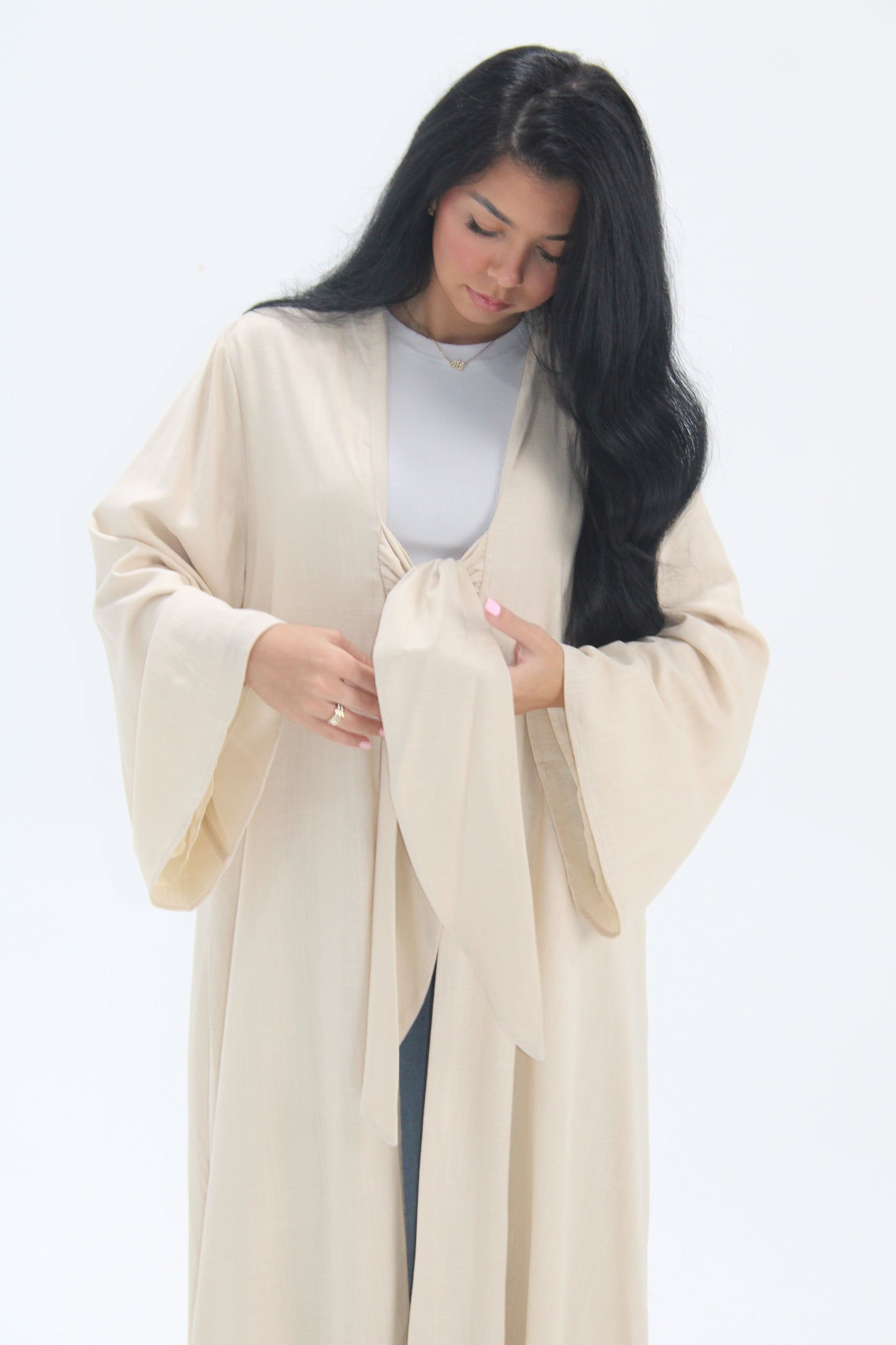 Linen Bow Tie Abaya Set - Light Beige